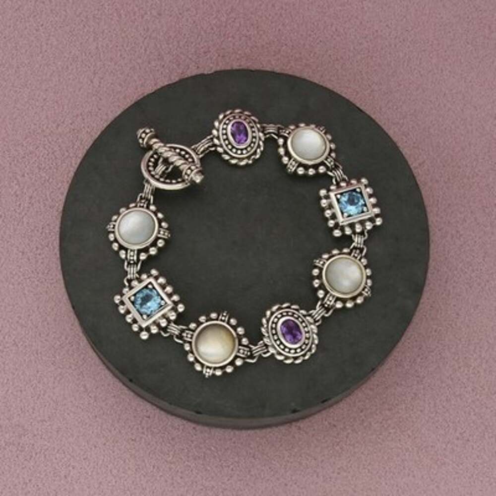 Sterling Silver Amethyst & Topaz Mother-of-Pearl Toggle Link Bracelet Size 7in
